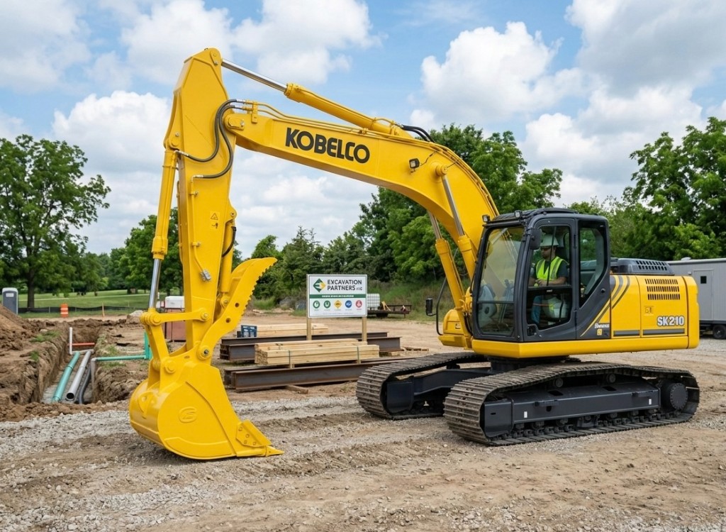 Kobelco excavator on site for excavating and site work in Columbia County
